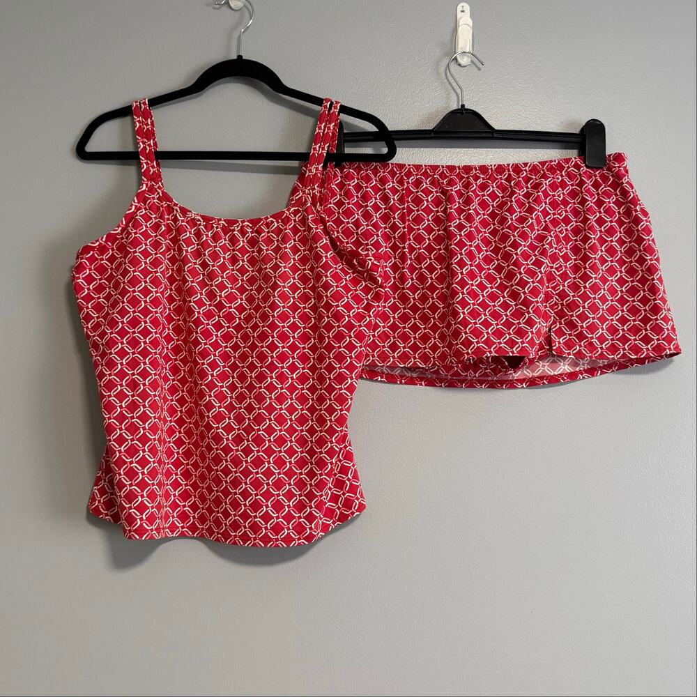 Lands End Red Geometric Tankini Skirt Swim Suit Set 18